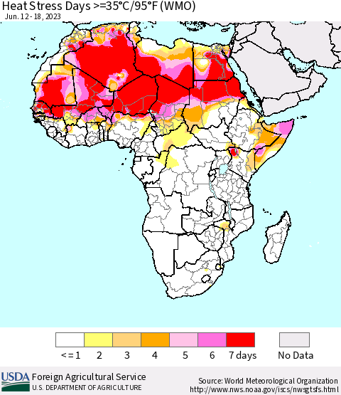 Africa Heat Stress Days >=35°C/95°F (WMO) Thematic Map For 6/12/2023 - 6/18/2023