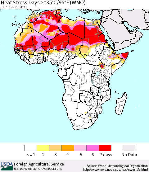 Africa Heat Stress Days >=35°C/95°F (WMO) Thematic Map For 6/19/2023 - 6/25/2023
