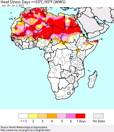 Africa Heat Stress Days >=35°C/95°F (WMO) Thematic Map For 6/26/2023 - 7/2/2023