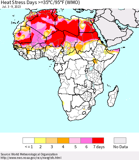 Africa Heat Stress Days >=35°C/95°F (WMO) Thematic Map For 7/3/2023 - 7/9/2023