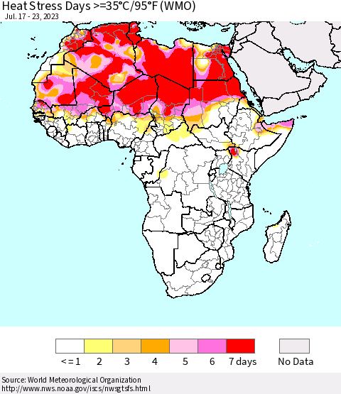 Africa Heat Stress Days >=35°C/95°F (WMO) Thematic Map For 7/17/2023 - 7/23/2023