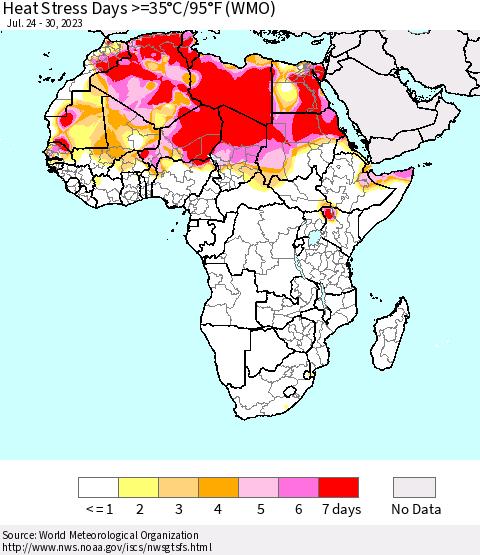 Africa Heat Stress Days >=35°C/95°F (WMO) Thematic Map For 7/24/2023 - 7/30/2023