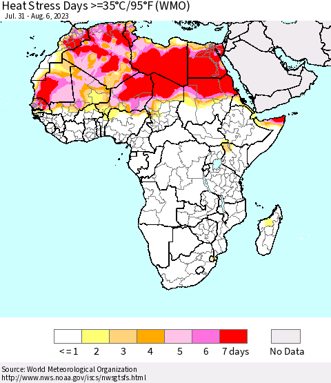 Africa Heat Stress Days >=35°C/95°F (WMO) Thematic Map For 7/31/2023 - 8/6/2023