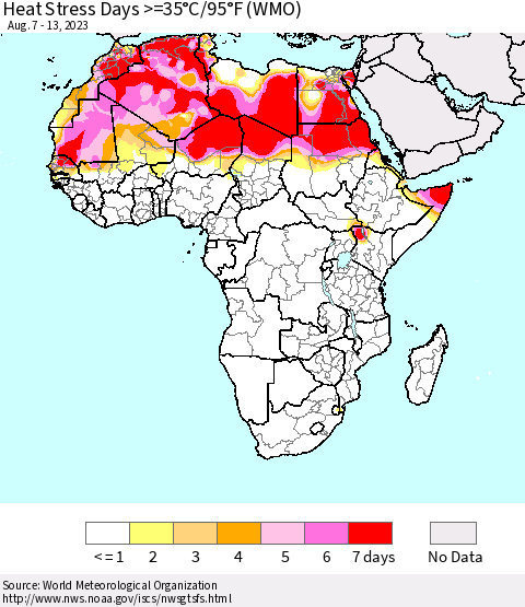 Africa Heat Stress Days >=35°C/95°F (WMO) Thematic Map For 8/7/2023 - 8/13/2023
