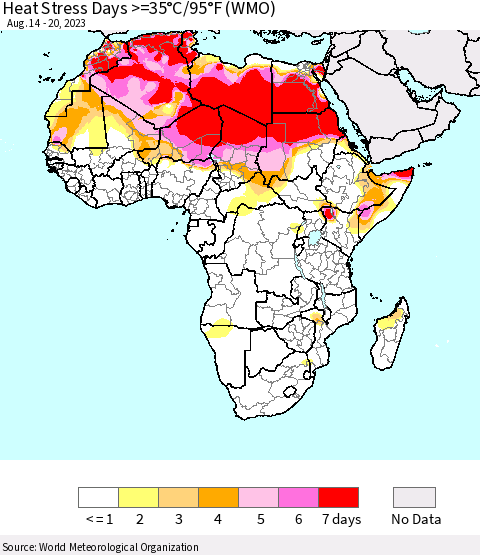 Africa Heat Stress Days >=35°C/95°F (WMO) Thematic Map For 8/14/2023 - 8/20/2023