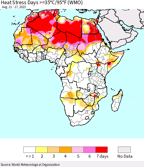 Africa Heat Stress Days >=35°C/95°F (WMO) Thematic Map For 8/21/2023 - 8/27/2023