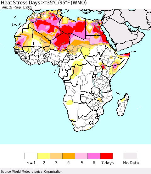 Africa Heat Stress Days >=35°C/95°F (WMO) Thematic Map For 8/28/2023 - 9/3/2023