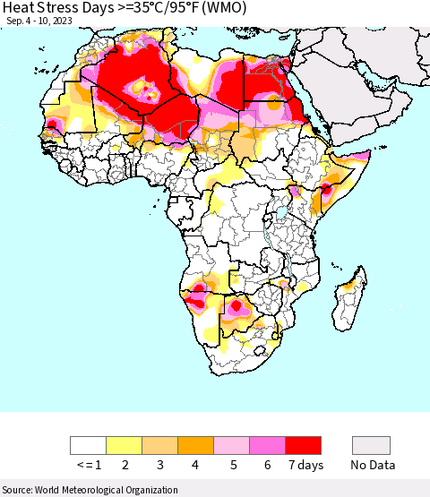 Africa Heat Stress Days >=35°C/95°F (WMO) Thematic Map For 9/4/2023 - 9/10/2023