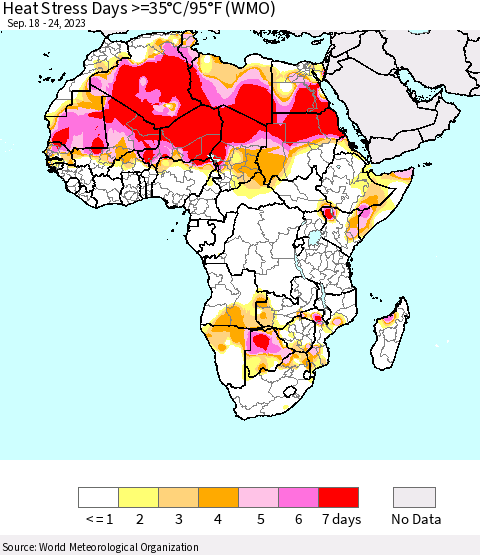 Africa Heat Stress Days >=35°C/95°F (WMO) Thematic Map For 9/18/2023 - 9/24/2023