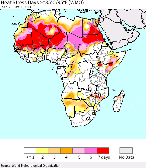 Africa Heat Stress Days >=35°C/95°F (WMO) Thematic Map For 9/25/2023 - 10/1/2023