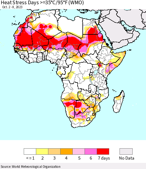 Africa Heat Stress Days >=35°C/95°F (WMO) Thematic Map For 10/2/2023 - 10/8/2023
