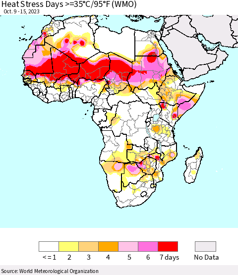 Africa Heat Stress Days >=35°C/95°F (WMO) Thematic Map For 10/9/2023 - 10/15/2023