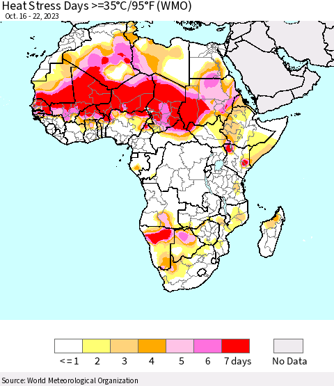 Africa Heat Stress Days >=35°C/95°F (WMO) Thematic Map For 10/16/2023 - 10/22/2023