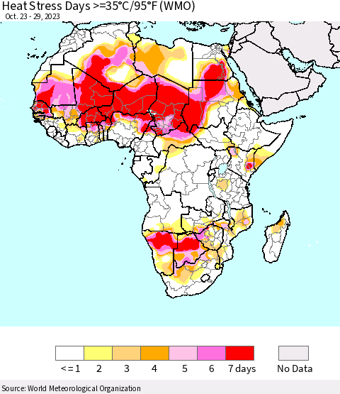 Africa Heat Stress Days >=35°C/95°F (WMO) Thematic Map For 10/23/2023 - 10/29/2023
