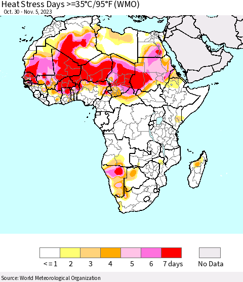Africa Heat Stress Days >=35°C/95°F (WMO) Thematic Map For 10/30/2023 - 11/5/2023