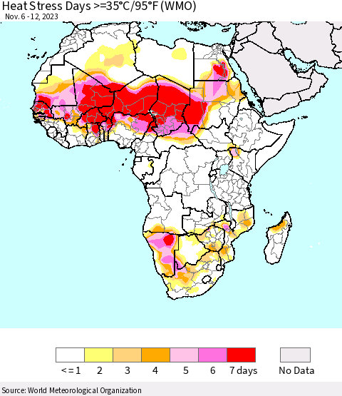 Africa Heat Stress Days >=35°C/95°F (WMO) Thematic Map For 11/6/2023 - 11/12/2023