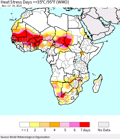 Africa Heat Stress Days >=35°C/95°F (WMO) Thematic Map For 11/13/2023 - 11/19/2023