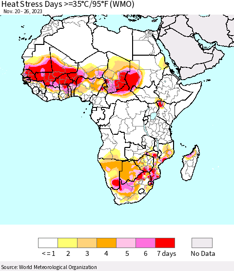 Africa Heat Stress Days >=35°C/95°F (WMO) Thematic Map For 11/20/2023 - 11/26/2023