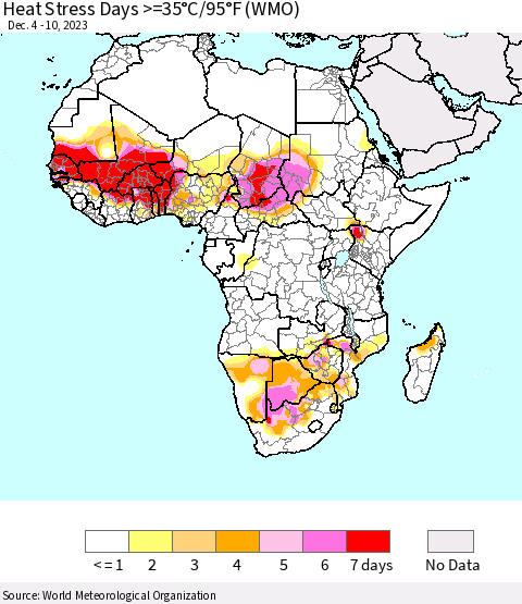 Africa Heat Stress Days >=35°C/95°F (WMO) Thematic Map For 12/4/2023 - 12/10/2023