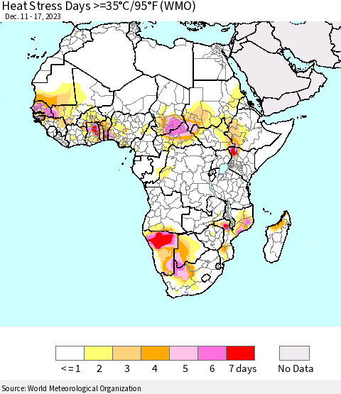 Africa Heat Stress Days >=35°C/95°F (WMO) Thematic Map For 12/11/2023 - 12/17/2023