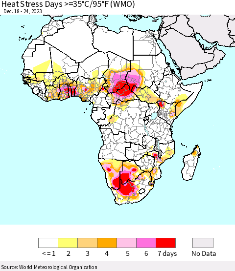 Africa Heat Stress Days >=35°C/95°F (WMO) Thematic Map For 12/18/2023 - 12/24/2023