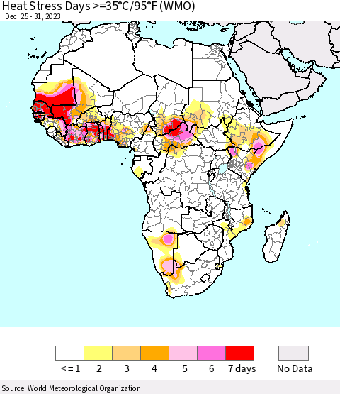 Africa Heat Stress Days >=35°C/95°F (WMO) Thematic Map For 12/25/2023 - 12/31/2023