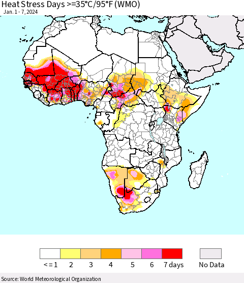 Africa Heat Stress Days >=35°C/95°F (WMO) Thematic Map For 1/1/2024 - 1/7/2024