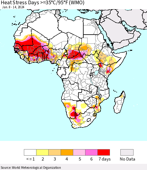 Africa Heat Stress Days >=35°C/95°F (WMO) Thematic Map For 1/8/2024 - 1/14/2024