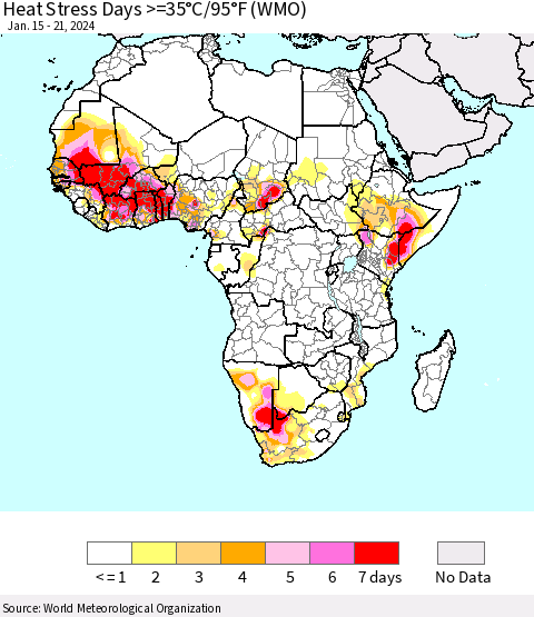 Africa Heat Stress Days >=35°C/95°F (WMO) Thematic Map For 1/15/2024 - 1/21/2024