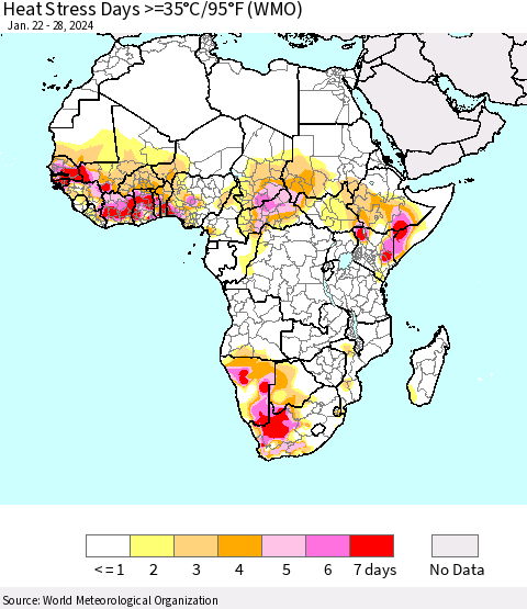 Africa Heat Stress Days >=35°C/95°F (WMO) Thematic Map For 1/22/2024 - 1/28/2024