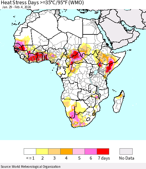 Africa Heat Stress Days >=35°C/95°F (WMO) Thematic Map For 1/29/2024 - 2/4/2024
