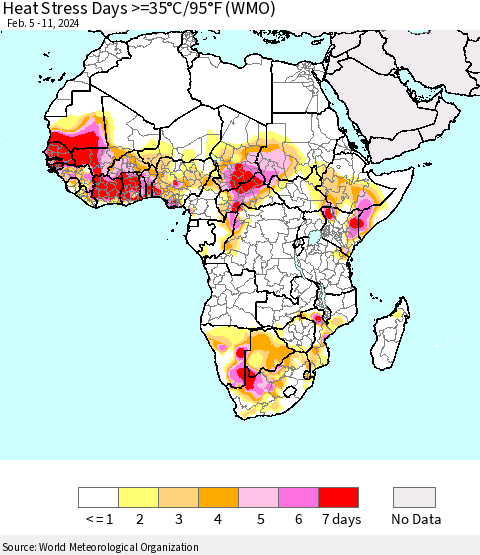 Africa Heat Stress Days >=35°C/95°F (WMO) Thematic Map For 2/5/2024 - 2/11/2024
