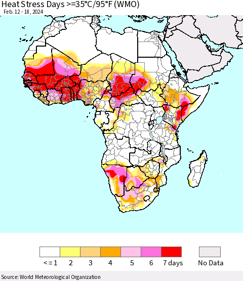 Africa Heat Stress Days >=35°C/95°F (WMO) Thematic Map For 2/12/2024 - 2/18/2024