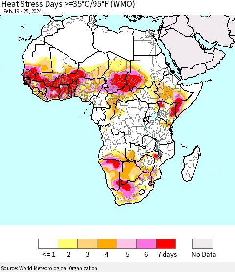 Africa Heat Stress Days >=35°C/95°F (WMO) Thematic Map For 2/19/2024 - 2/25/2024