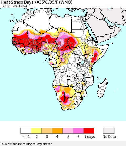 Africa Heat Stress Days >=35°C/95°F (WMO) Thematic Map For 2/26/2024 - 3/3/2024