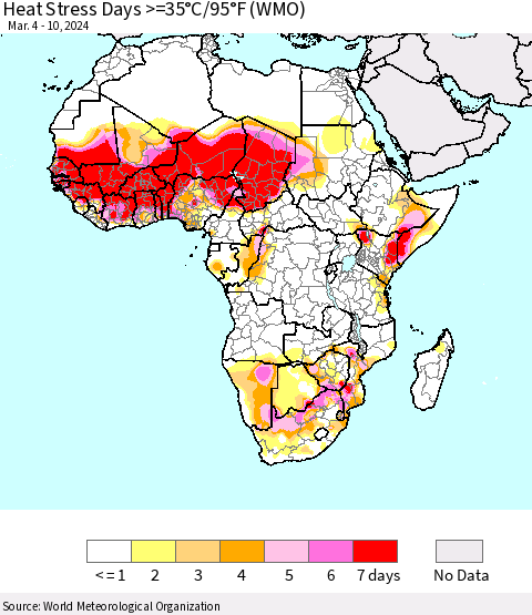 Africa Heat Stress Days >=35°C/95°F (WMO) Thematic Map For 3/4/2024 - 3/10/2024