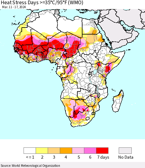 Africa Heat Stress Days >=35°C/95°F (WMO) Thematic Map For 3/11/2024 - 3/17/2024