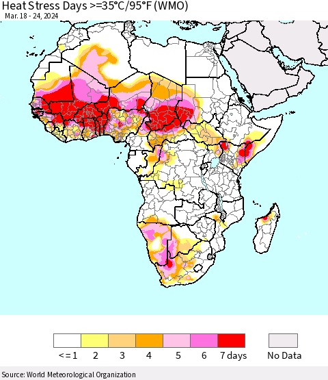 Africa Heat Stress Days >=35°C/95°F (WMO) Thematic Map For 3/18/2024 - 3/24/2024