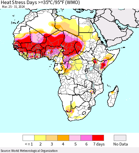 Africa Heat Stress Days >=35°C/95°F (WMO) Thematic Map For 3/25/2024 - 3/31/2024