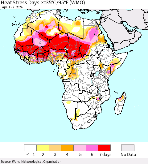 Africa Heat Stress Days >=35°C/95°F (WMO) Thematic Map For 4/1/2024 - 4/7/2024