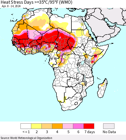 Africa Heat Stress Days >=35°C/95°F (WMO) Thematic Map For 4/8/2024 - 4/14/2024