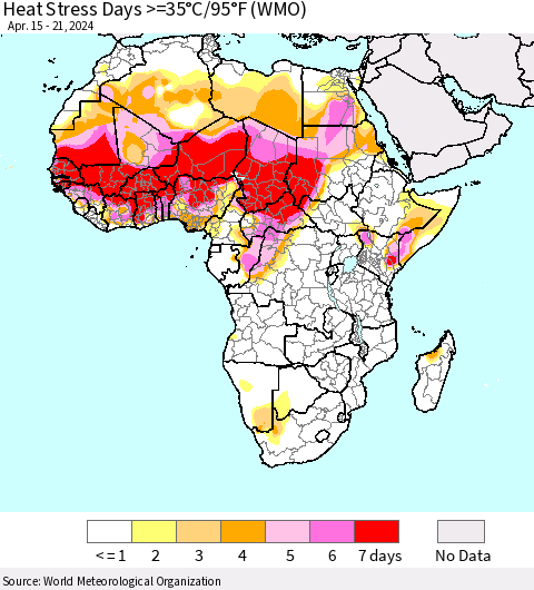 Africa Heat Stress Days >=35°C/95°F (WMO) Thematic Map For 4/15/2024 - 4/21/2024
