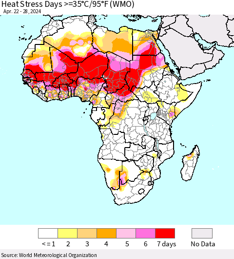Africa Heat Stress Days >=35°C/95°F (WMO) Thematic Map For 4/22/2024 - 4/28/2024