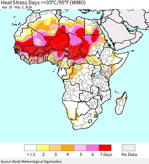 Africa Heat Stress Days >=35°C/95°F (WMO) Thematic Map For 4/29/2024 - 5/5/2024