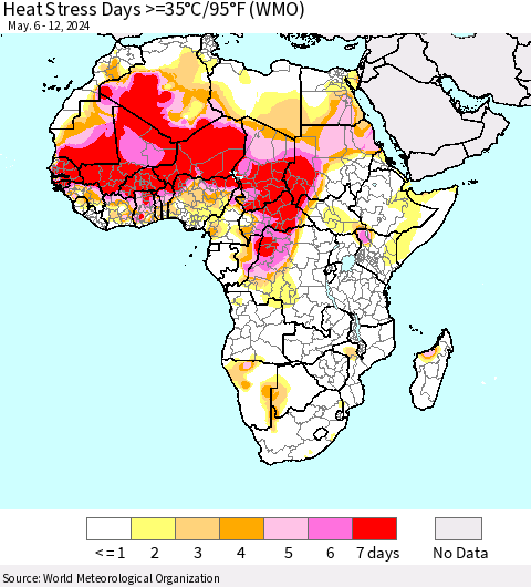 Africa Heat Stress Days >=35°C/95°F (WMO) Thematic Map For 5/6/2024 - 5/12/2024