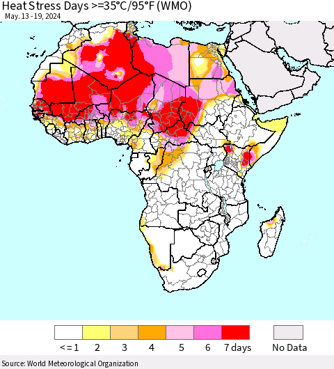 Africa Heat Stress Days >=35°C/95°F (WMO) Thematic Map For 5/13/2024 - 5/19/2024