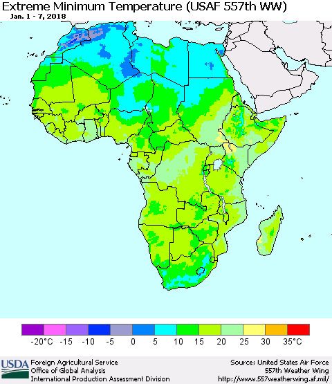 Africa Minimum Daily Temperature (USAF 557th WW) Thematic Map For 1/1/2018 - 1/7/2018