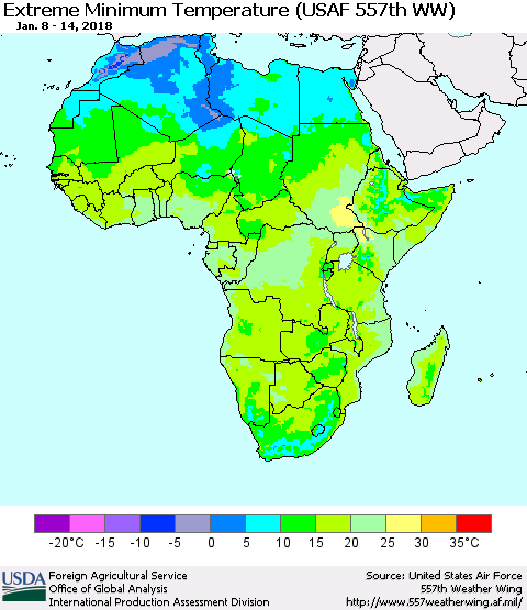 Africa Minimum Daily Temperature (USAF 557th WW) Thematic Map For 1/8/2018 - 1/14/2018