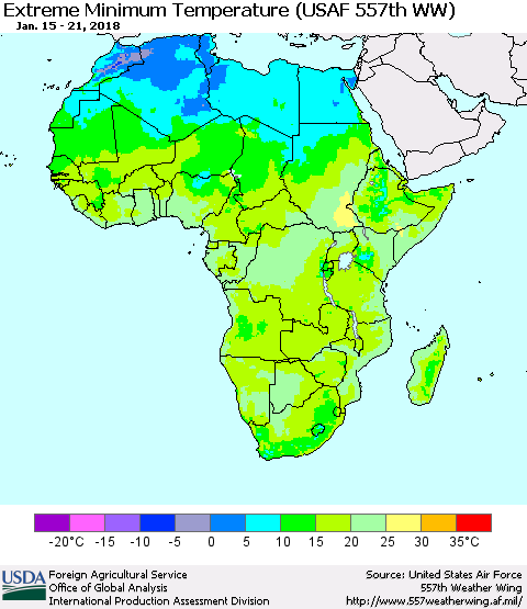 Africa Minimum Daily Temperature (USAF 557th WW) Thematic Map For 1/15/2018 - 1/21/2018
