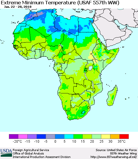 Africa Minimum Daily Temperature (USAF 557th WW) Thematic Map For 1/22/2018 - 1/28/2018